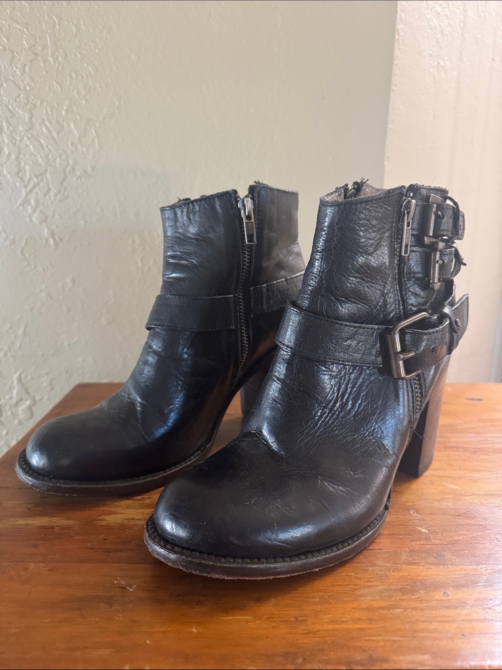 freebird Black Leather Ankle Booties with Buckle Accents